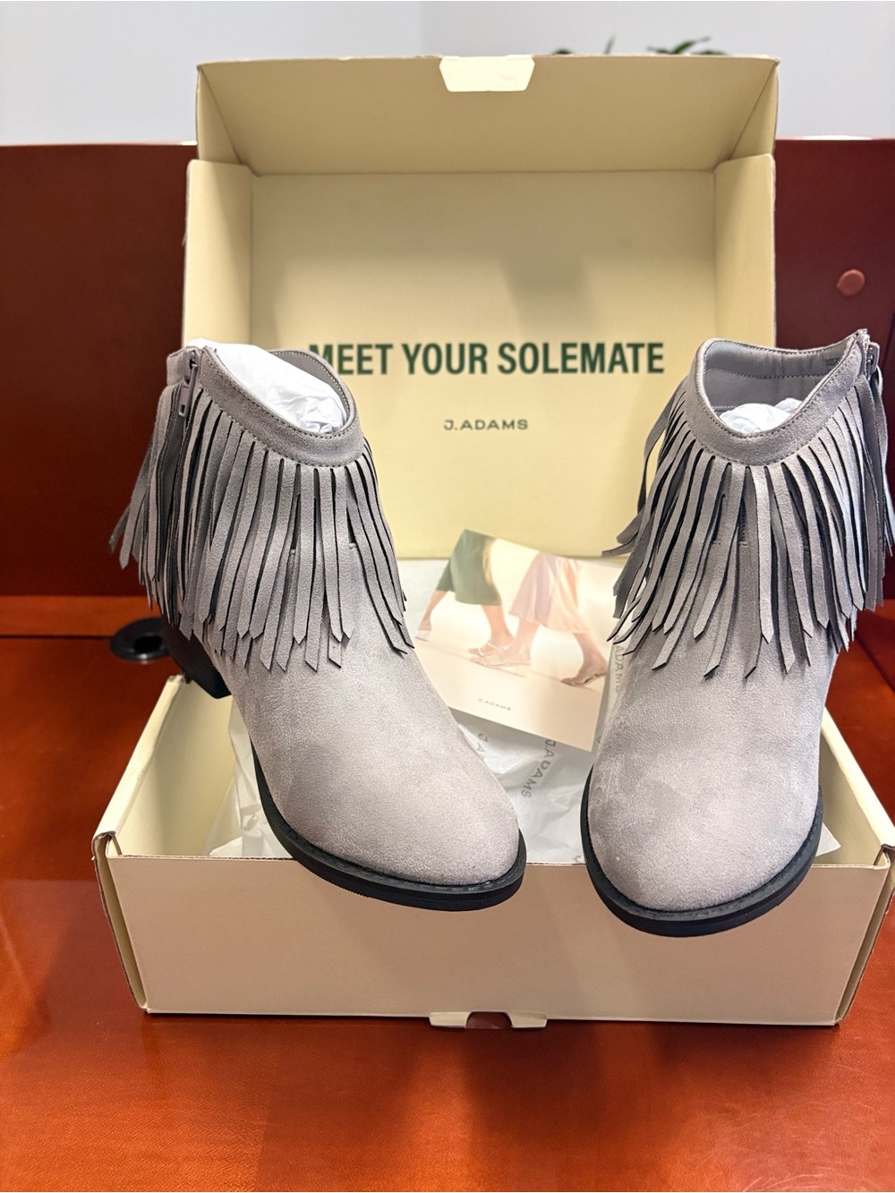 Adams Light Gray Suede Fringe Ankle Booties